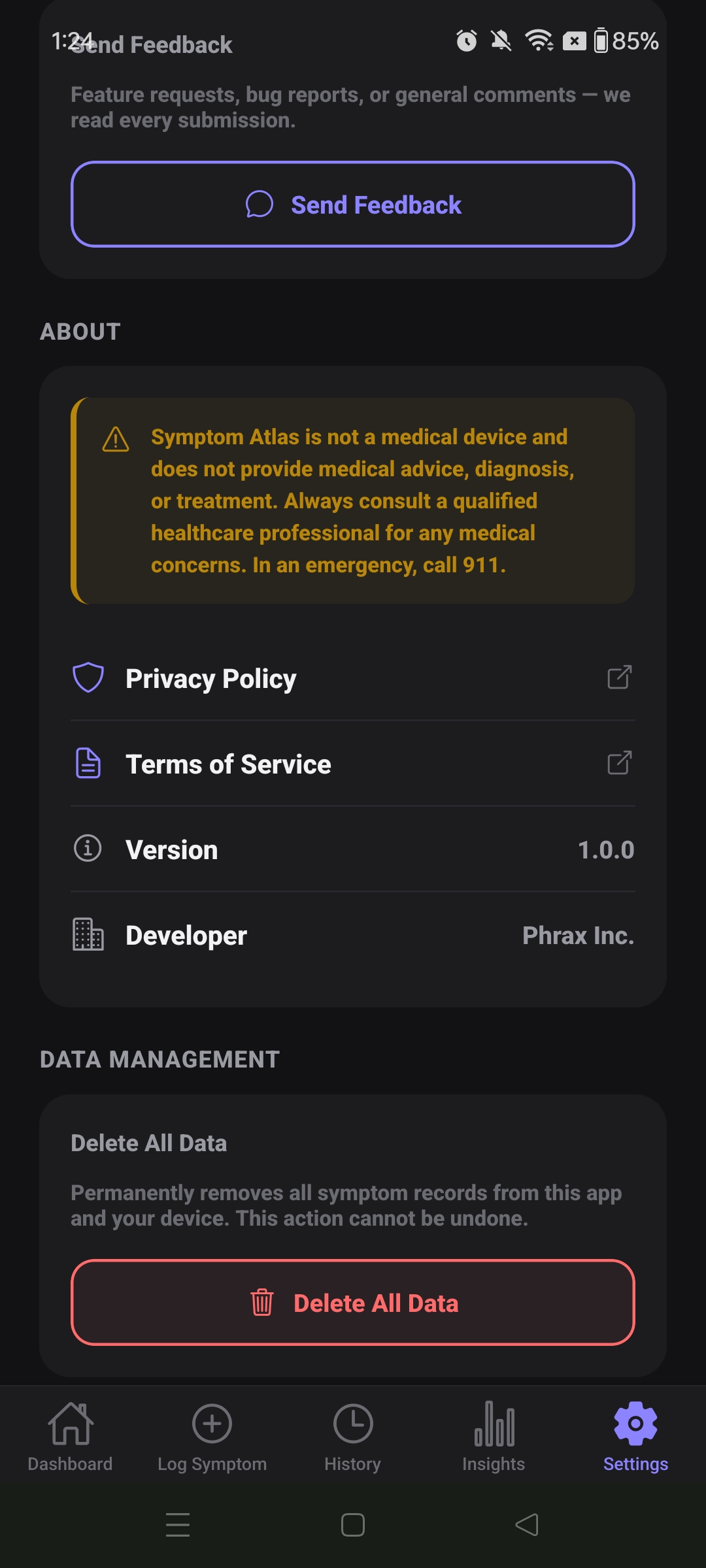 Settings About section